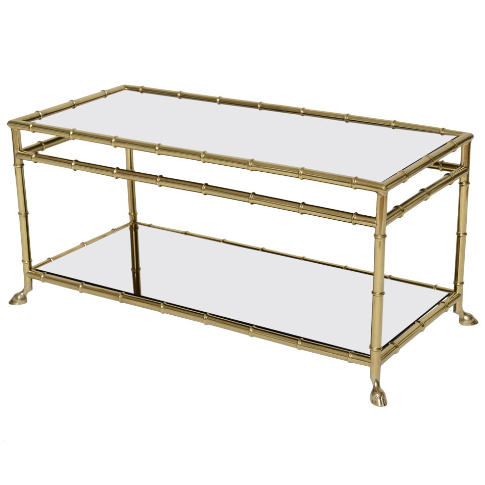 Solid Brass Two-Tier Bamboo Design Cocktail Table, Clawed Feet, Bronze Mirror