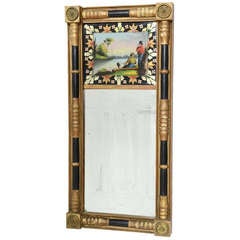 Black and Giltwood Mirror with Reverse Painted Glass Panel Top, 19th Century