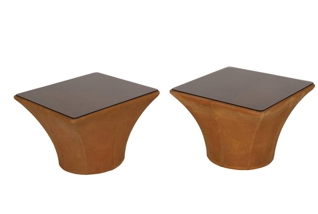 Pair of French Bronze Colored Suede Cloth Side Tables with Bronze Glass Tops 2