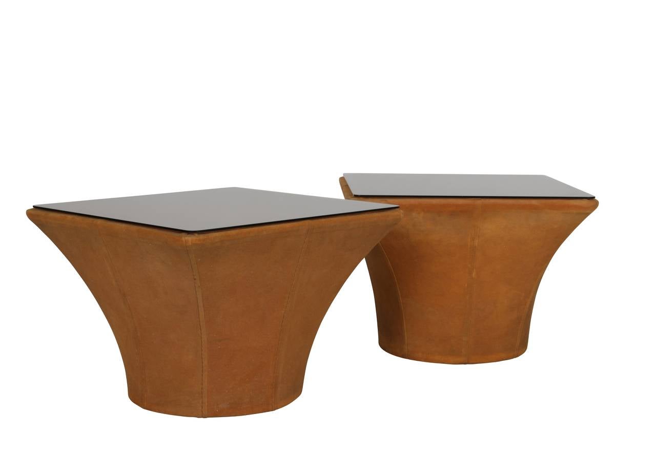 Pair of French Bronze Colored Suede Cloth Side Tables with Bronze Glass Tops 1