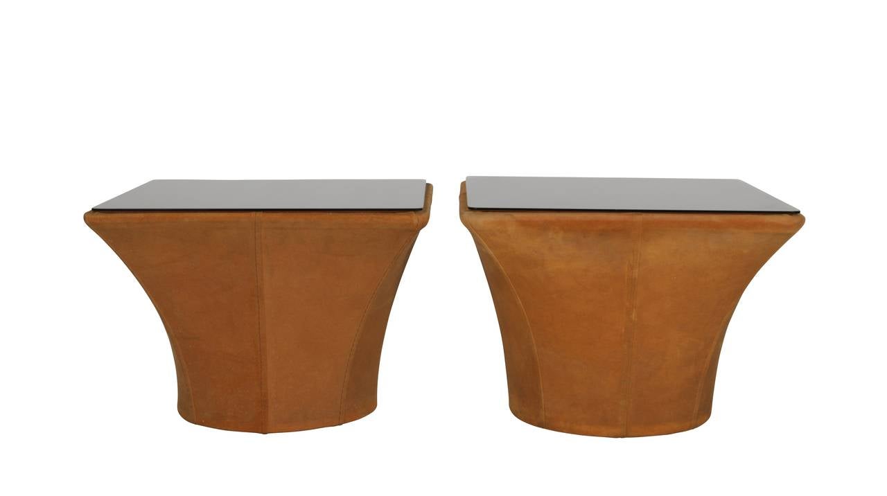 Fabric Pair of French Bronze Colored Suede Cloth Side Tables with Bronze Glass Tops