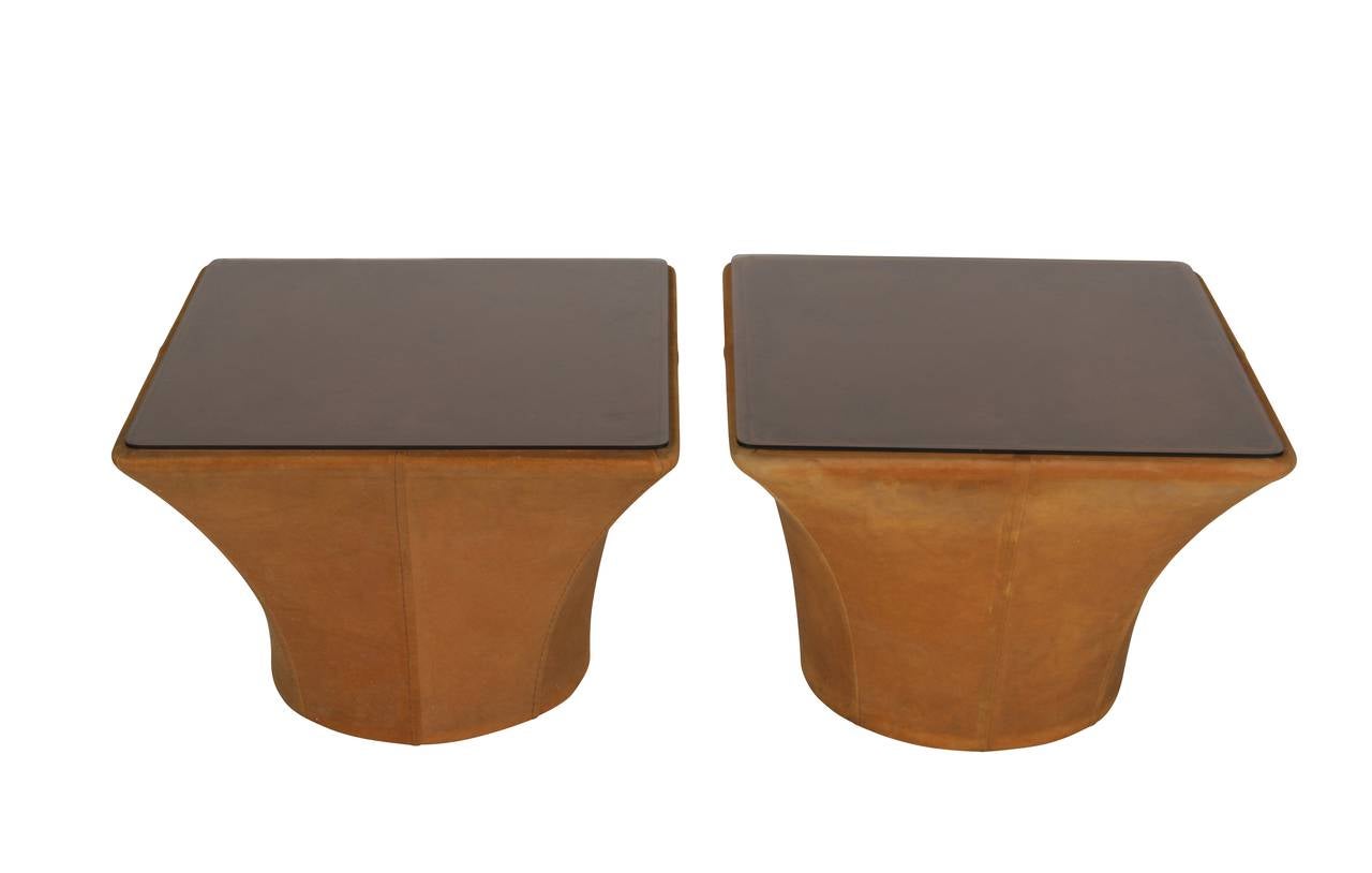 20th Century Pair of French Bronze Colored Suede Cloth Side Tables with Bronze Glass Tops