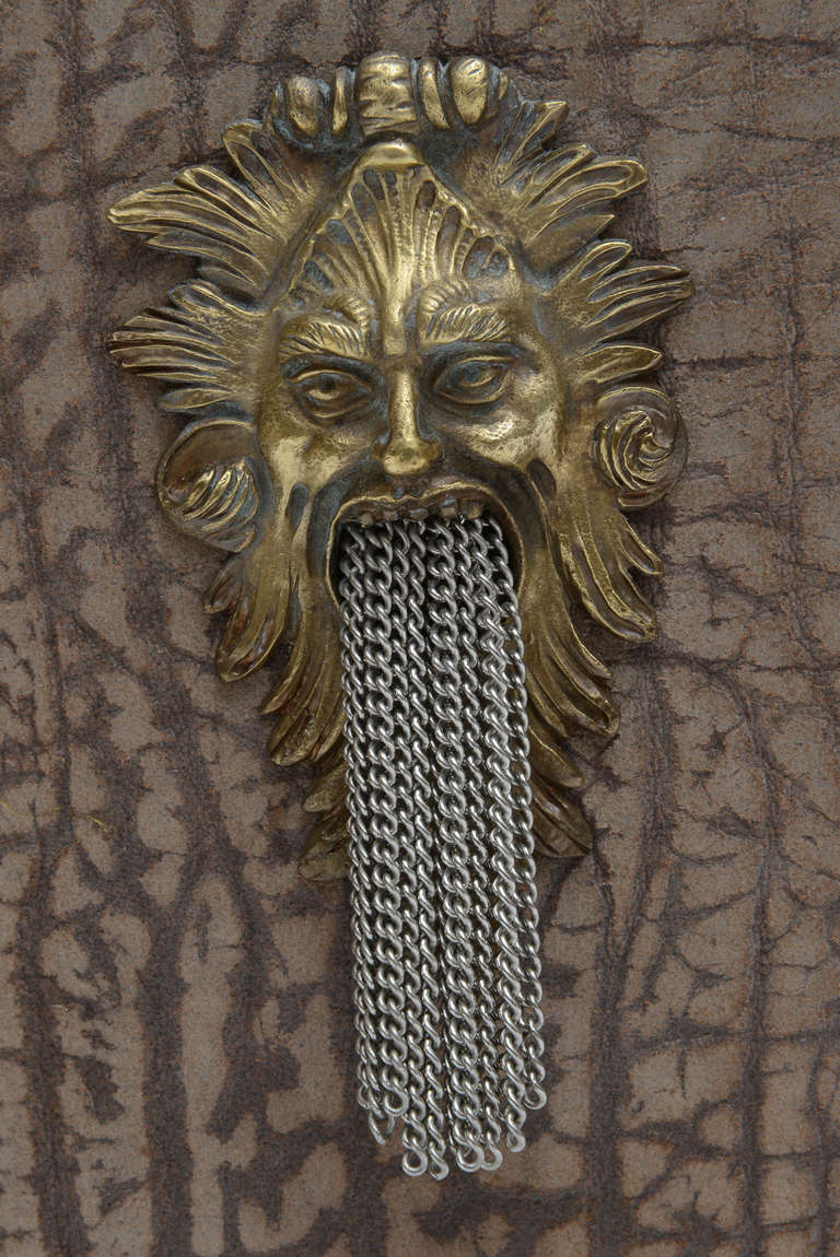 Embossed Suede and Brass Lions Head Magazine Holder For Sale 5