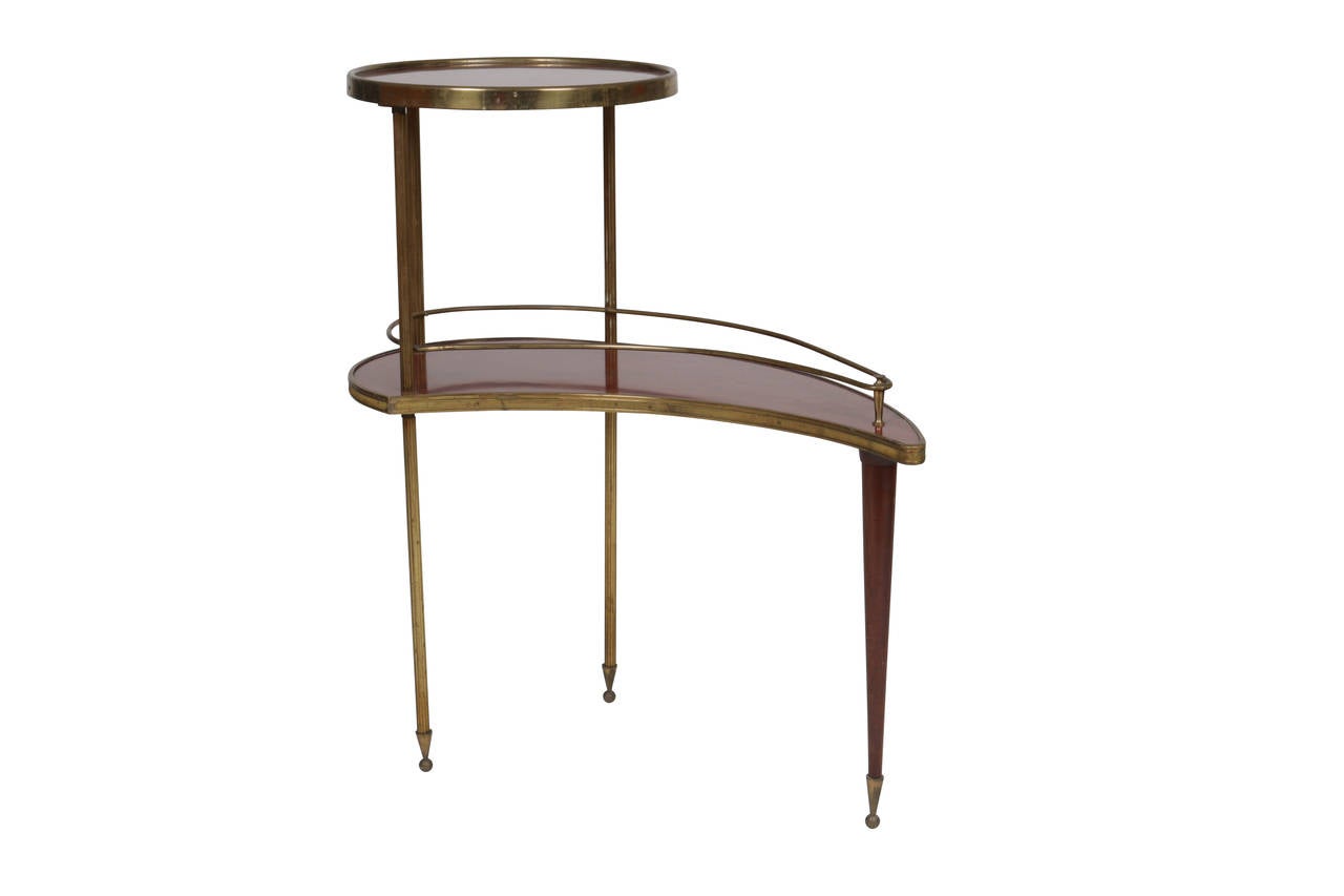 French Curvaceous Double Tiered Brass, Laminate, and Wood Side Table In Good Condition In Miami, FL