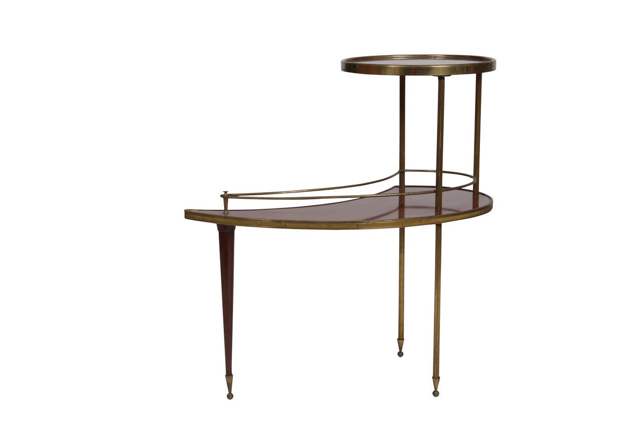 French Curvaceous Double Tiered Brass, Laminate, and Wood Side Table 1