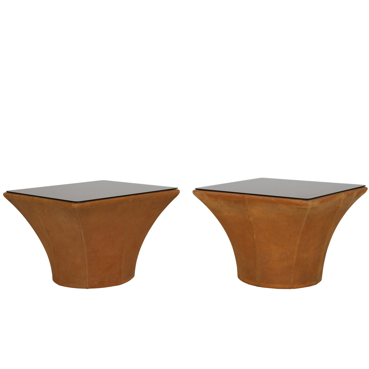 Pair of French Bronze Colored Suede Cloth Side Tables with Bronze Glass Tops