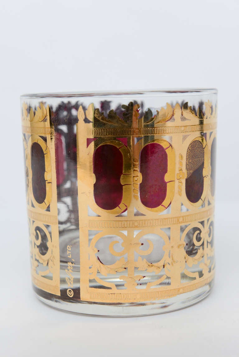 Set of Eight Burgundy and Gold Filigree Drinking Glasses, Signed For