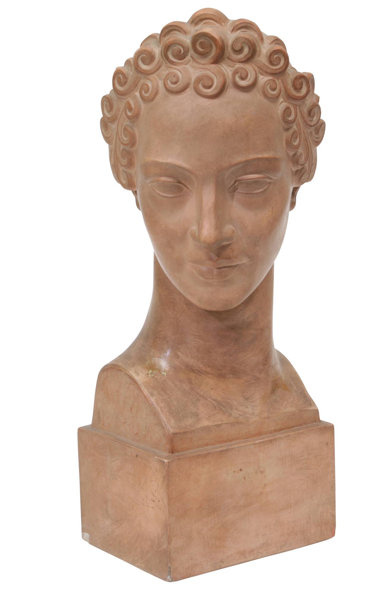 Lifesize, Hellenic, terra cotta bust with perfect Roman features. Inscribed signature. Some ware with small nick on the base in the back.