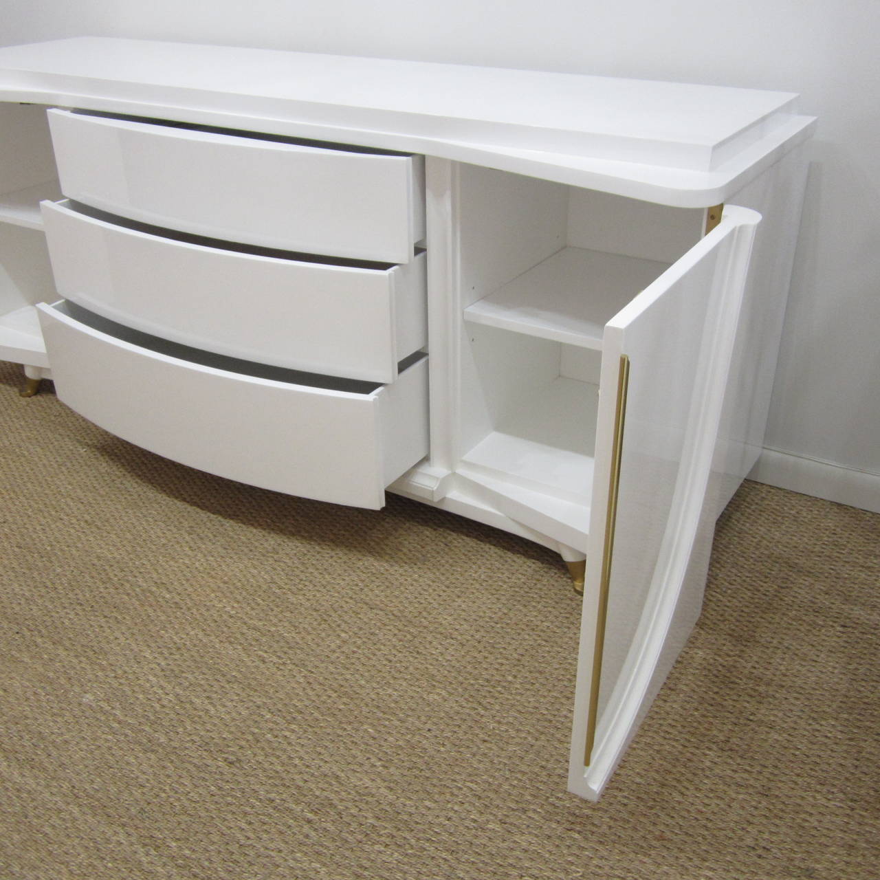 Sweeping Lacquered Tiered Top Credenza with Brass Trim 1