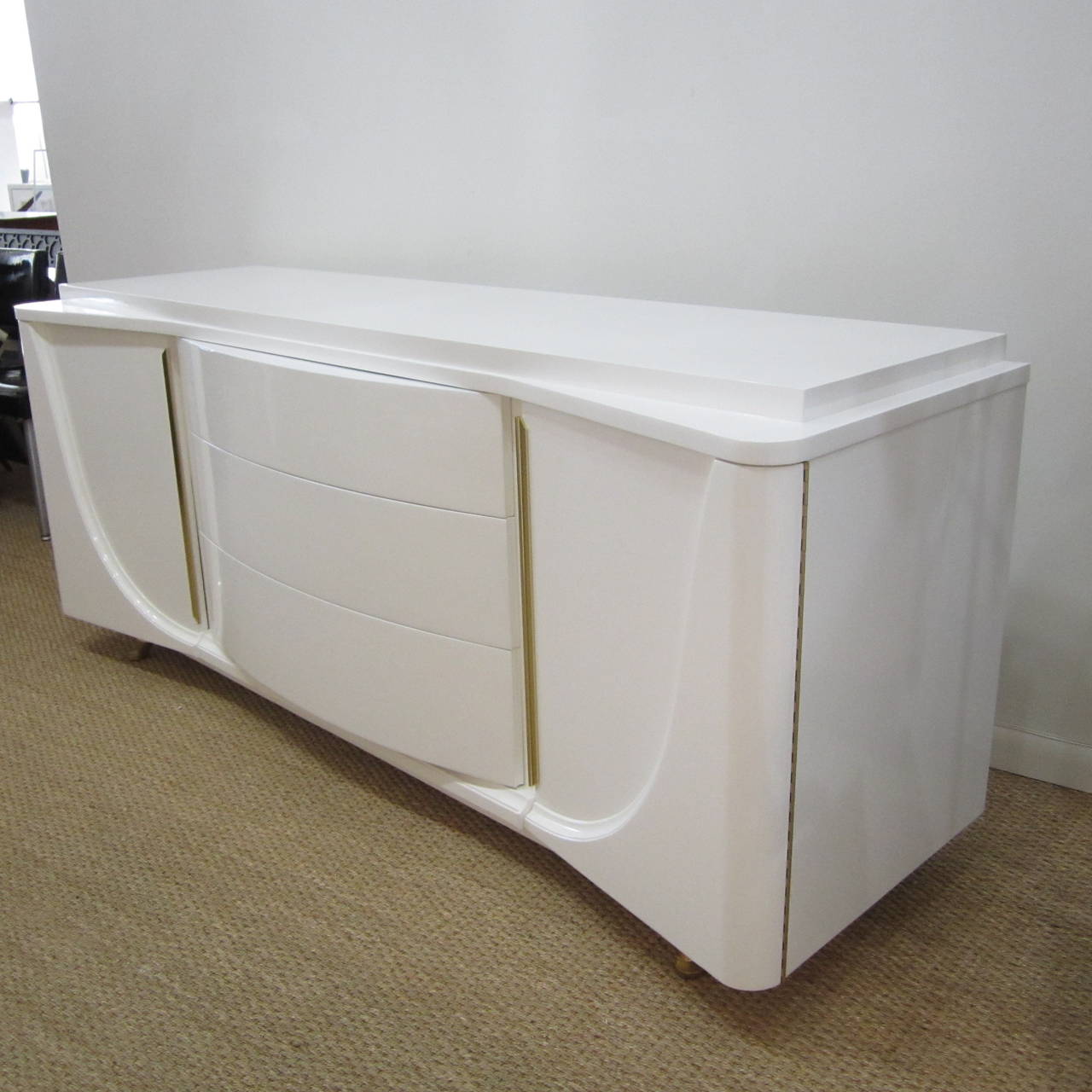 Sweeping Lacquered Tiered Top Credenza with Brass Trim 3