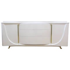 Sweeping Lacquered Tiered Top Credenza with Brass Trim
