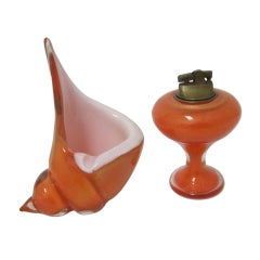 Vintage Alfredo Barbini Hand Blown Murano Glass Turbo Shell and Table Lighter Smoke Set