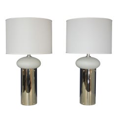 Tall Pair of Cylindrical Steel & Frosted Glass Laurel Lamps