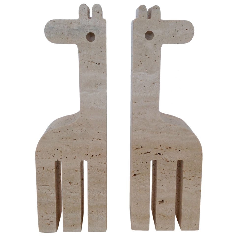 Pair of Italian Carved Travertine Giraffe Bookends by Fili Mannelli for Raymor