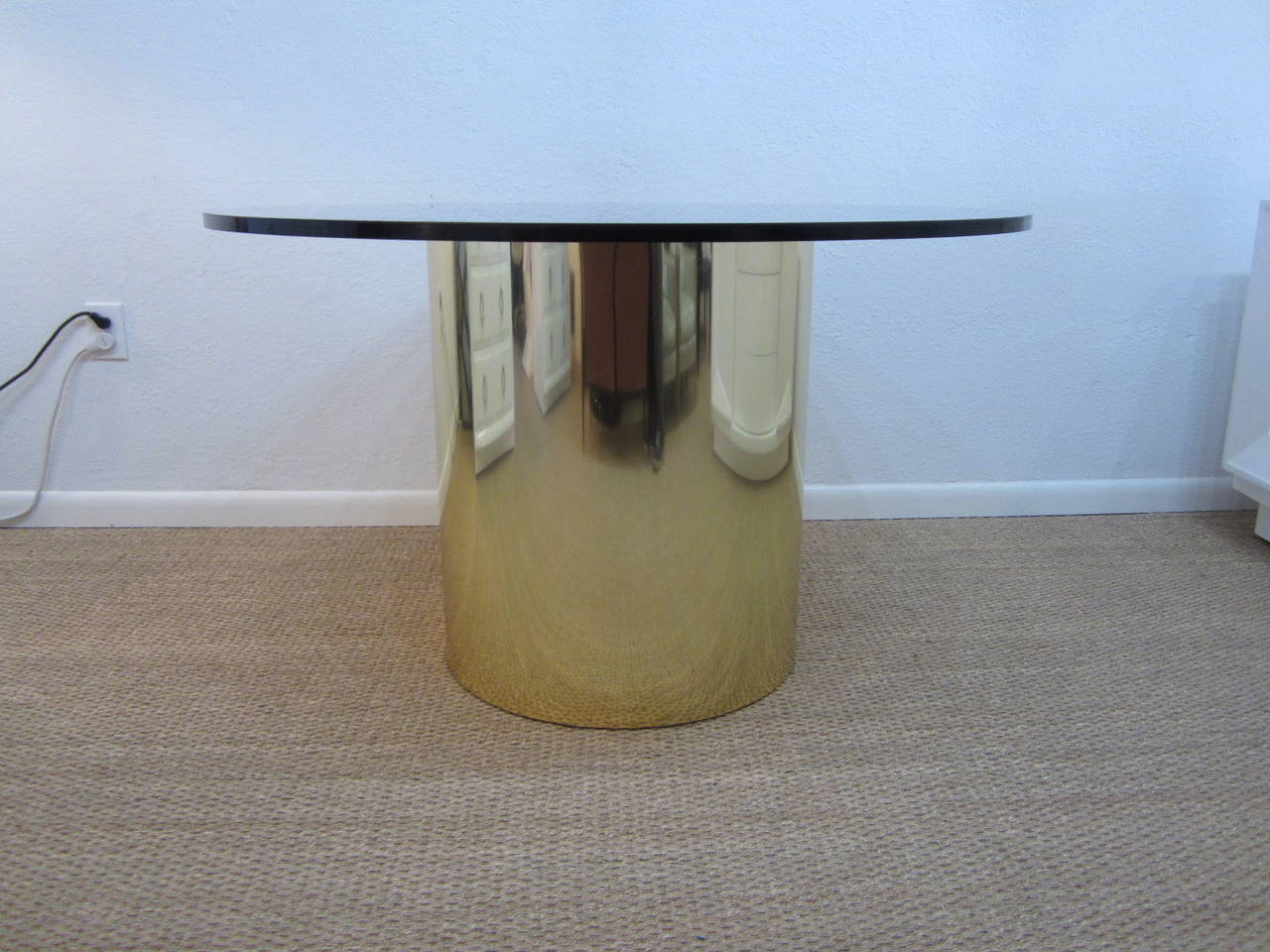 American Brass Drum Dining Table with Amber Glass Top