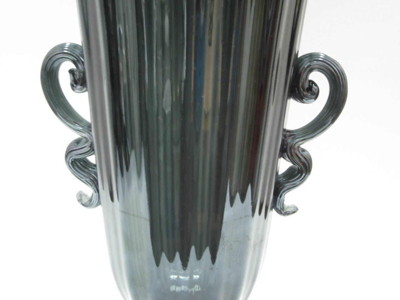 Italian Charcoal Colored Ribbed Glass Trumpet Vase Signed Salviati, Murano