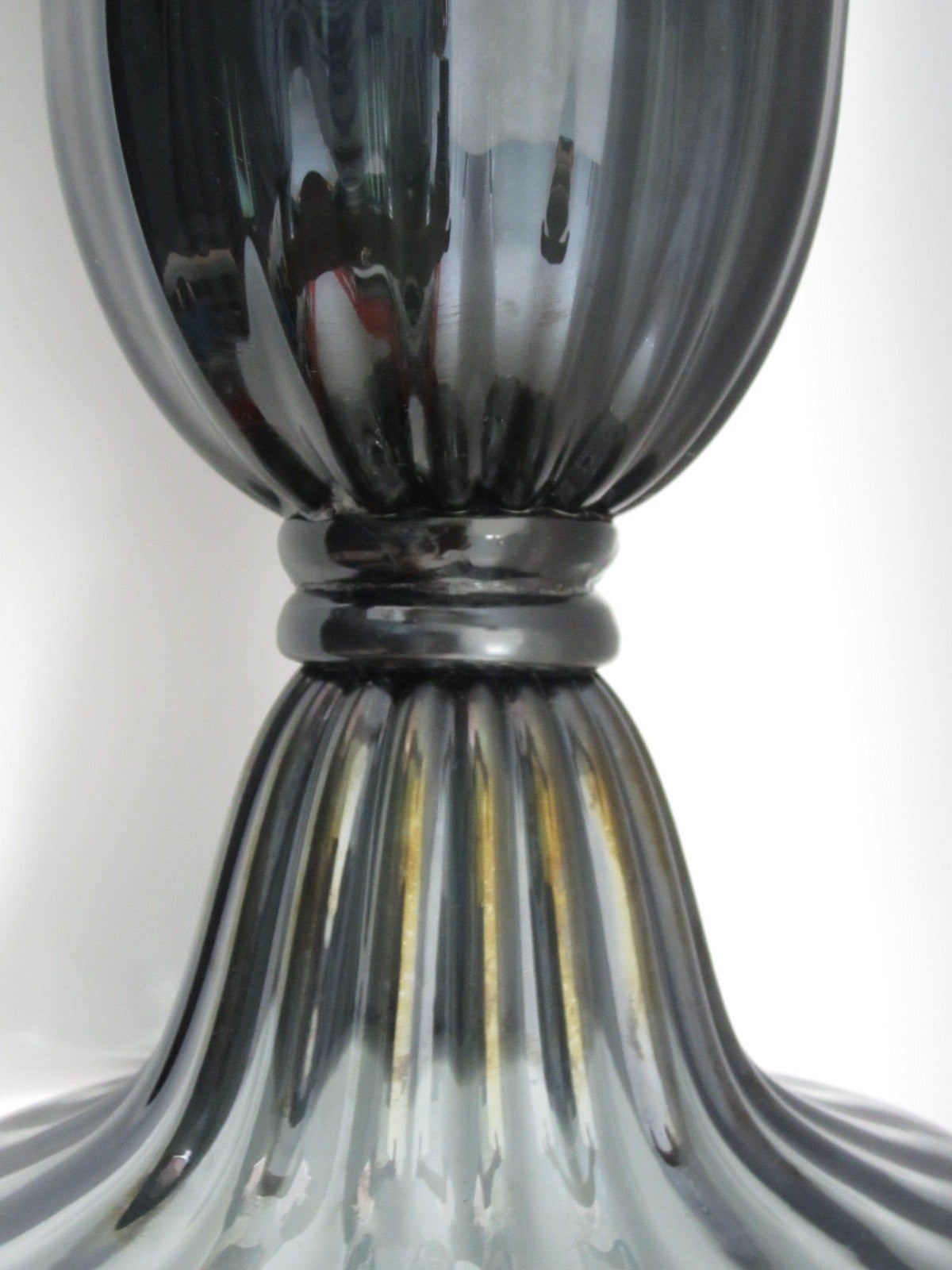 Charcoal Colored Ribbed Glass Trumpet Vase Signed Salviati, Murano 1