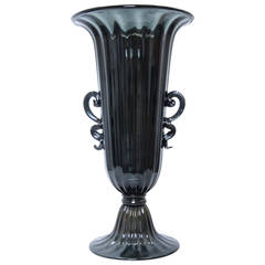 Charcoal Colored Ribbed Glass Trumpet Vase Signed Salviati, Murano