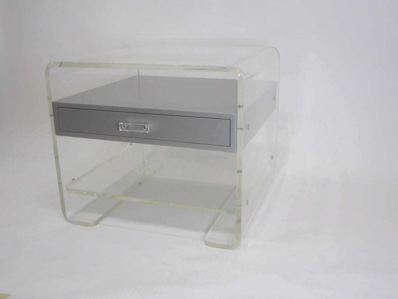Silver Suspended Drawer in Lucite Three-Tier Side Table For Sale 1