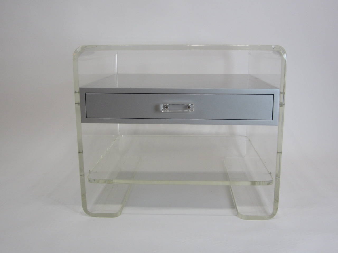 Silver Suspended Drawer in Lucite Three-Tier Side Table For Sale 2
