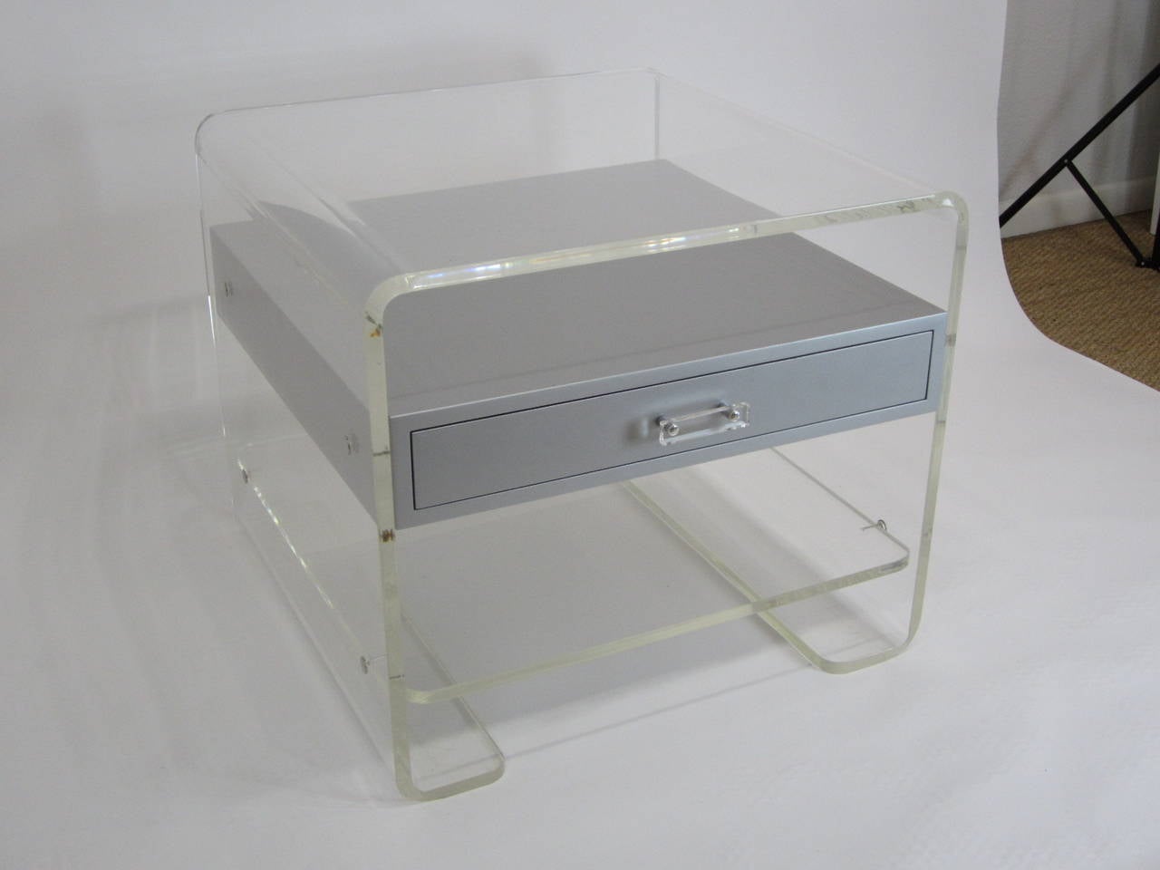 Silver Suspended Drawer in Lucite Three-Tier Side Table For Sale 3