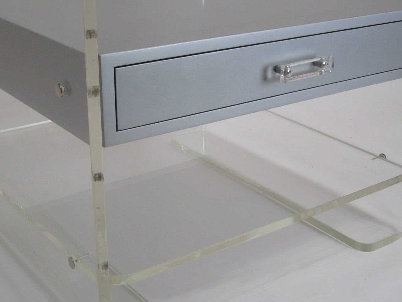 Silver Suspended Drawer in Lucite Three-Tier Side Table For Sale 4