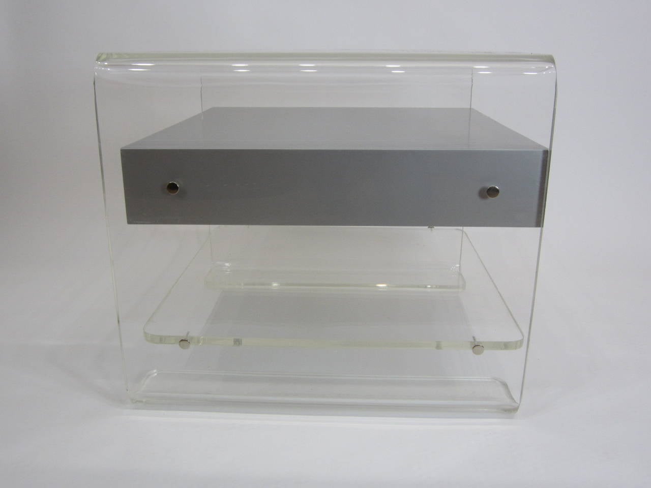 American Silver Suspended Drawer in Lucite Three-Tier Side Table For Sale