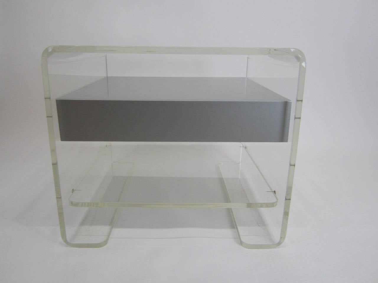 Lacquered Silver Suspended Drawer in Lucite Three-Tier Side Table For Sale