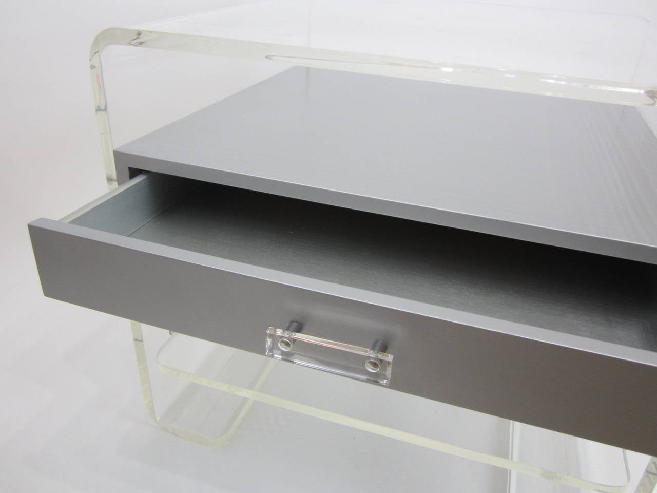 Mid-20th Century Silver Suspended Drawer in Lucite Three-Tier Side Table For Sale