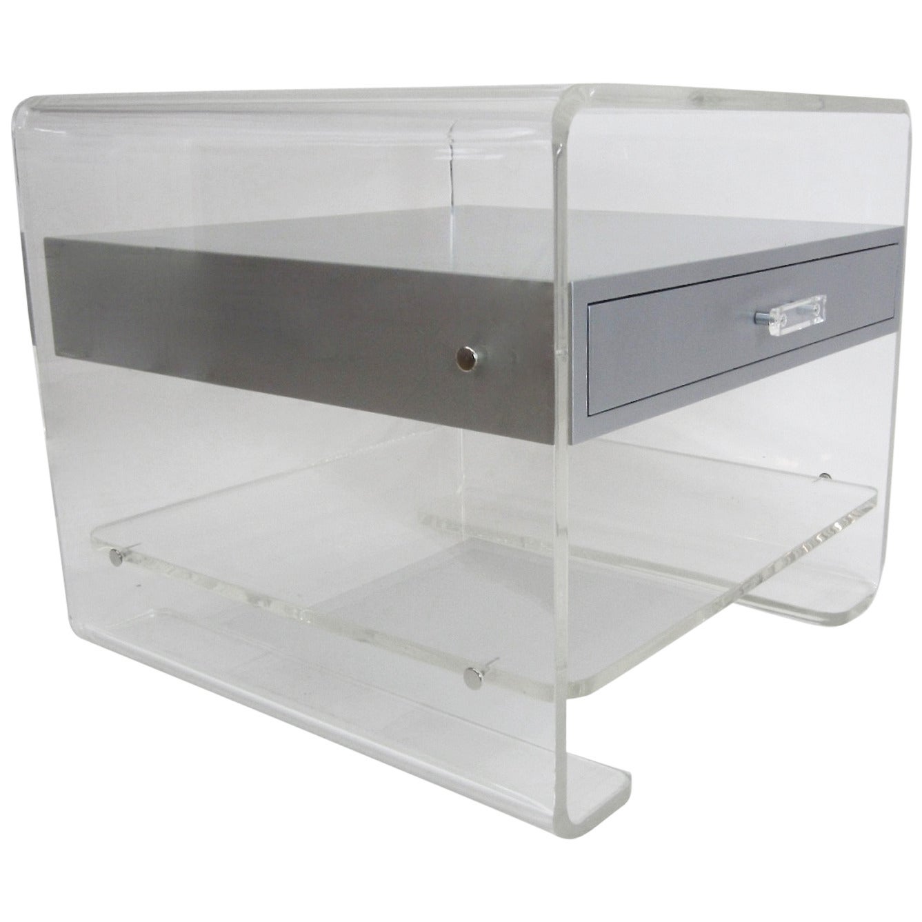 Silver Suspended Drawer in Lucite Three-Tier Side Table For Sale
