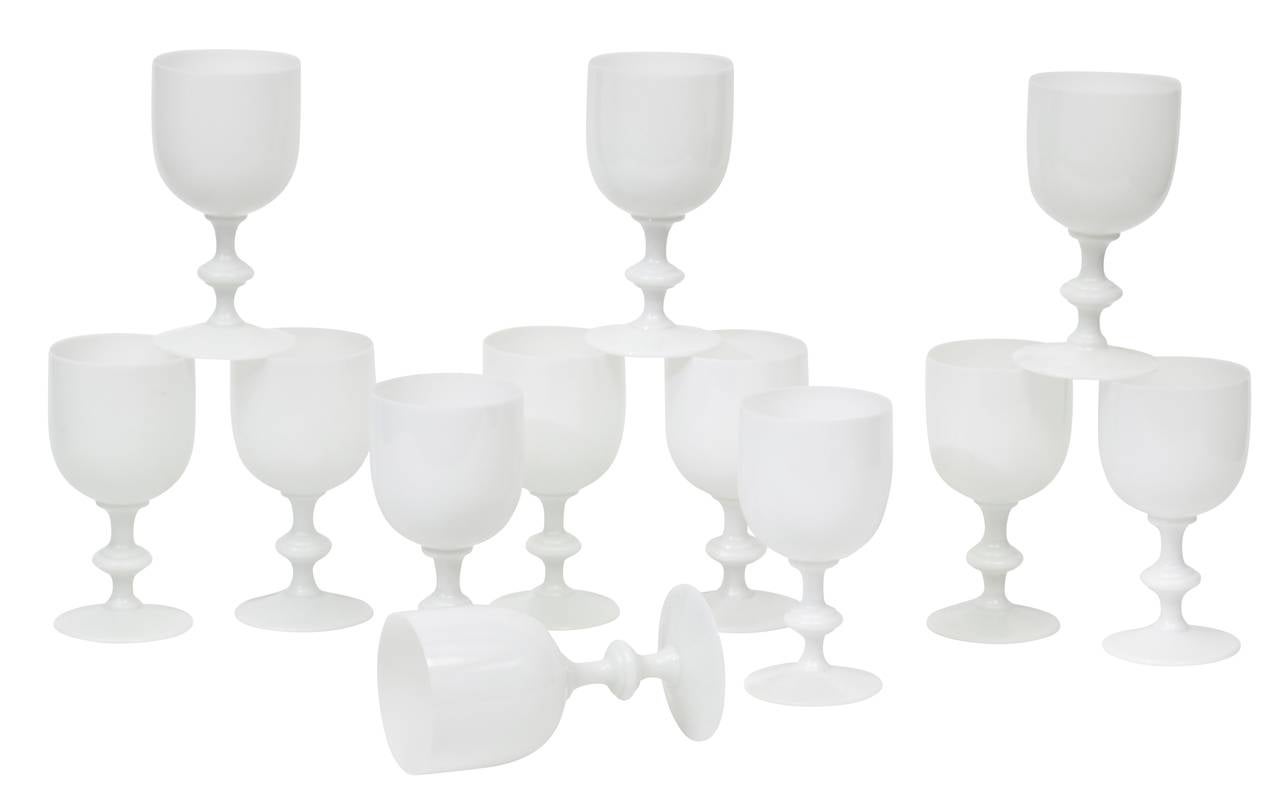 Set of 12 French Portieux Vallerysthal wine glasses or goblets in handblown white Opaline glass. Rare to find a set of 12 in white.