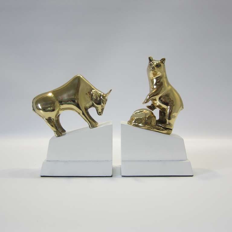 Polished Brass Bull and Bear Bookends on Lacquered Blocks