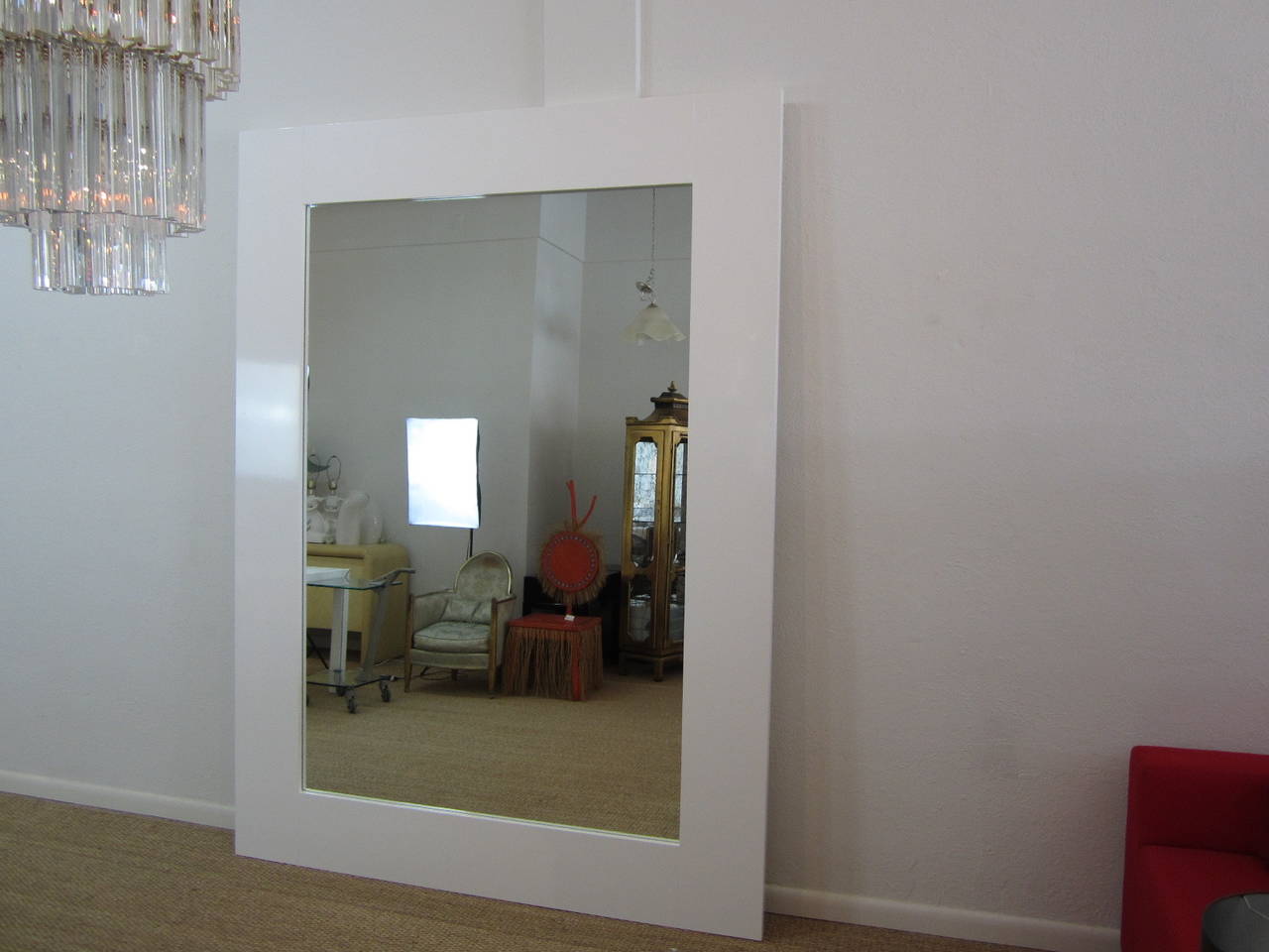 Fantastic and functional extra-large 8 foot floor standing full length mirror with 10 inch wide high gloss white lacquered frame. Very impressive in stature and finish. See room images for scale.