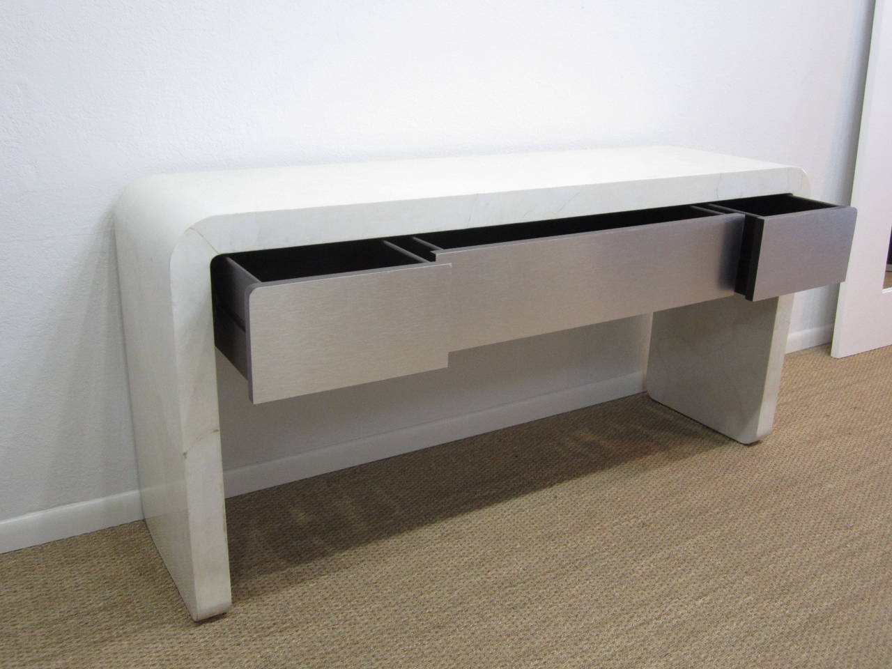 20th Century Karl Springer Lacquered Goatskin and Brushed Steel Console Table 