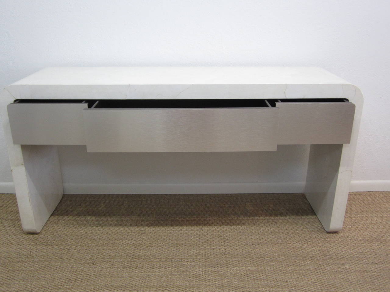 Karl Springer Lacquered Goatskin and Brushed Steel Console Table  In Good Condition In Miami, FL