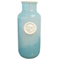 Barovier Opalescent Blue 
Lattimo Roman Coin Application Murano Glass Vase