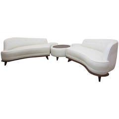 Sinuous Three-Part Midcentury Sofa with Upholstered Center Table