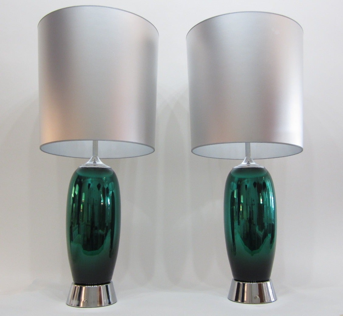 American Pair of Green Mercury-Glass Lamps For Sale