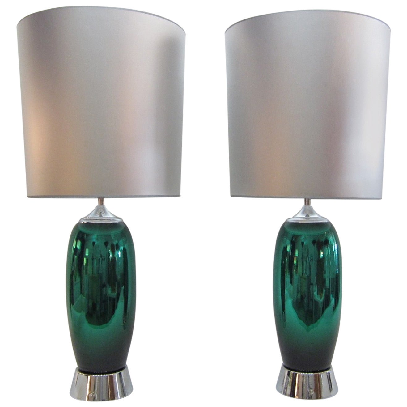Pair of Green Mercury-Glass Lamps For Sale