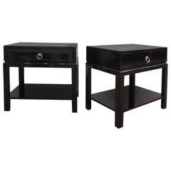 Perfect Pair of Bedside Tables Lacquered in High Gloss Black Indigo