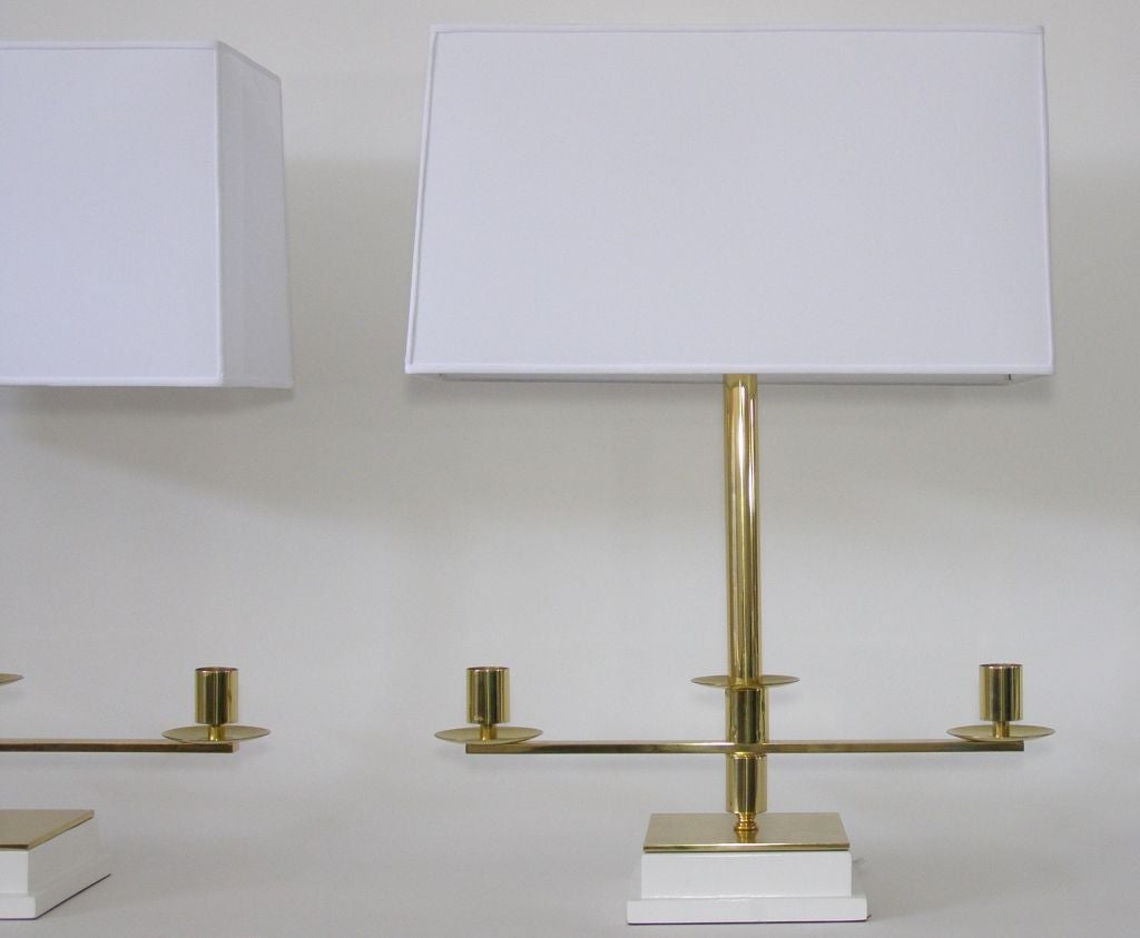 Pair Polished Brass Candlestick Table Lamps