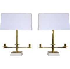 Pair Polished Brass Candlestick Table Lamps