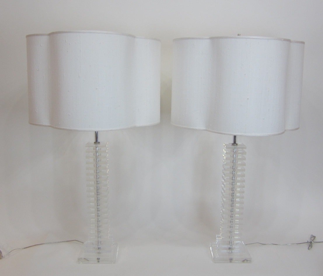 American Tall Stacked Lucite Lamps with Raw Silk Shades  For Sale