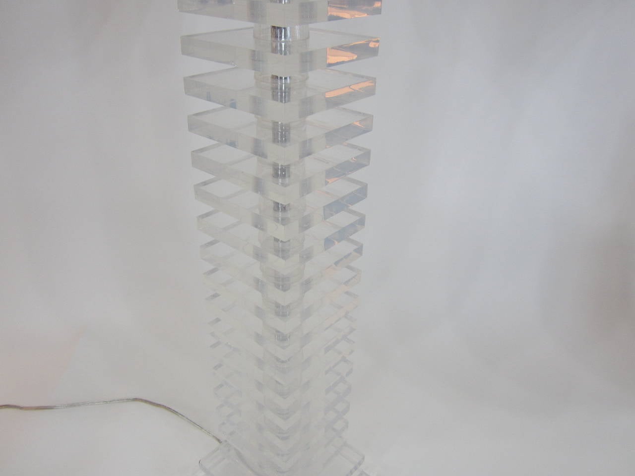 Tall Stacked Lucite Lamps with Raw Silk Shades  For Sale 3
