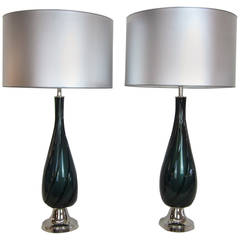 Hand Blown Murano Glass Deep Green Ribbed Lamps with Interior Gold Flecking 