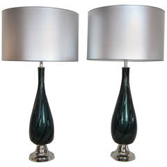 Hand Blown Murano Glass Deep Green Ribbed Lamps with Interior Gold Flecking