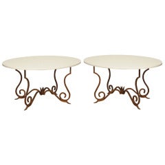 Gilded Scrolled Iron 
White Oval Crystalline Side Tables, France