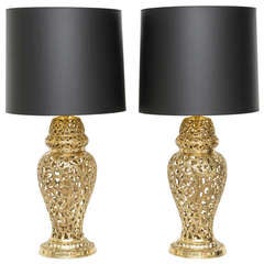 Pair of Pierced Polished Brass Table Lamps