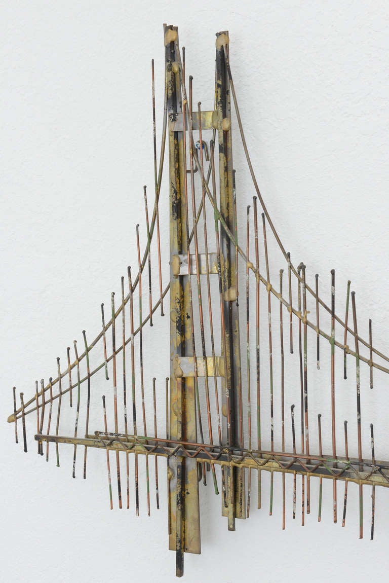 American Mixed Metal Wall Mount Golden Gate Bridge Sculpture by C. Jere, Signed For Sale