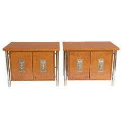 Vintage Pair of Mastercraft Burl & Nickel Side Tables with Double Doors